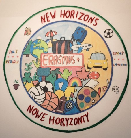 Logo programu Erasmus+ do projektu Nowe Horyzonty - zwycięski projekt w szkolnym konkursie